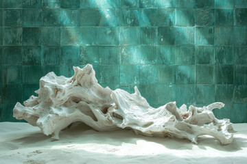 Poster - White bleached driftwood rests on white sand against a teal tile wall, sunlit.