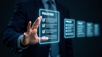 Poster - Businessman check online document validation icon, Concepts of practices and policies, company articles of association Terms and Conditions, regulations and legal advice
