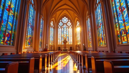 Fototapete - Vibrant Sunlight Filtering Through Colorful Stained Glass Windows Creating a Stunning Spectrum of Colorful Reflections and Patterns in a Church Interior