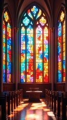 Fototapete - Vibrant Sunlight Filtering Through Colorful Stained Glass Windows Creating a Stunning Spectrum of Colorful Reflections and Patterns in a Church Interior