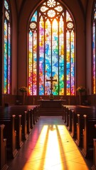 Fototapete - Vibrant Sunlight Filtering Through Colorful Stained Glass Windows Creating a Stunning Spectrum of Colorful Reflections and Patterns in a Church Interior