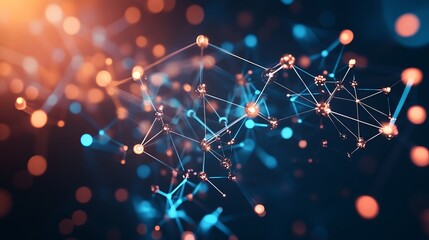 Abstract network structure with glowing spheres and connecting lines on a dark background