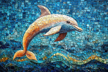 Poster - A vibrant mosaic artwork depicts a dolphin leaping gracefully through ocean waves, showcasing intricate tilework.