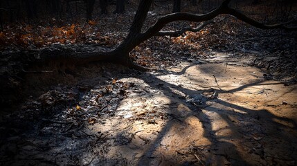 Aufkleber - Nature walk shadows forest trail photographic view dark and mysterious atmosphere close-up perspectives