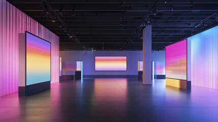 Poster - modern art gallery featuring vibrant, colorful digital displays with gradient hues illuminating space, creating captivating atmosphere