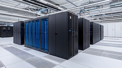 Poster - an ultra-modern data center with blue-lit server racks, offering a spacious area in the composition 