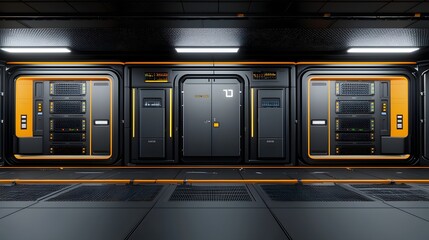 Poster - high-tech data center with sleek futuristic design, rows of glowing servers, advanced cooling system