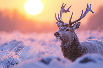 Aufkleber - Majestic stag with antlers stands in a snowy field at sunset, winter wonderland scene.