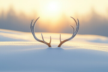 Aufkleber - Majestic deer antlers frosted with winter's kiss, silhouetted against a serene sunrise.