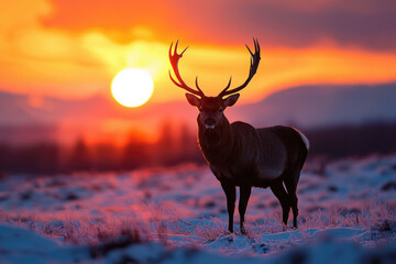 Aufkleber - Majestic red deer stag silhouetted against a vibrant sunset in a snowy landscape.