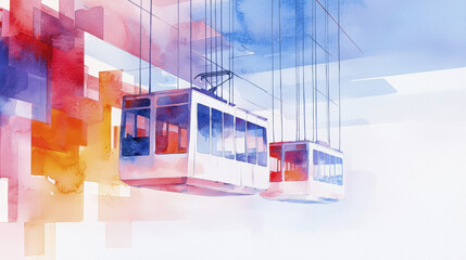 Poster - vibrant watercolor illustration of cable cars suspended in air, surrounded by abstract colorful shapes, evokes sense of adventure and exploration