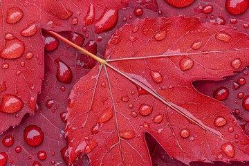 Wall Mural - A hyper-detailed close-up of a red maple leaf covered in tiny dew drops, capturing every intricate vein