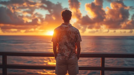 Poster - A man stands on a wooden railing, wearing a colorful Hawaiian shirt and khaki shorts, as he admires the breathtaking sunset over the ocean. Waves gently lap at the shore