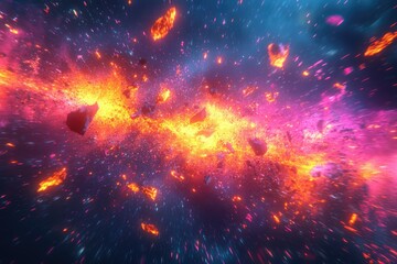 Poster - A vibrant and explosive cosmic scene with fiery debris and glowing nebulae, creating a stunning interstellar spectacle of light and color.