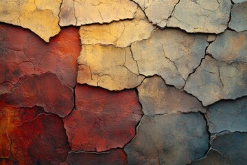 Aufkleber - Abstract multicolored cracked wall texture with shades of red, yellow, and gray, forming irregular stone-like shapes.