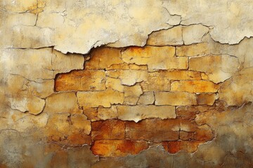 Aufkleber - An old, weathered brick wall with peeling plaster, exposing the warm, textured brick beneath, showcasing age and history.