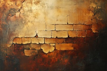 Aufkleber - An aged brick wall with cracked plaster, painted with golden and brown hues, evokes a sense of rustic decay.