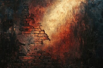 Aufkleber - A weathered brick wall emerges from a textured, dark canvas, bathed in a warm, ethereal glow.