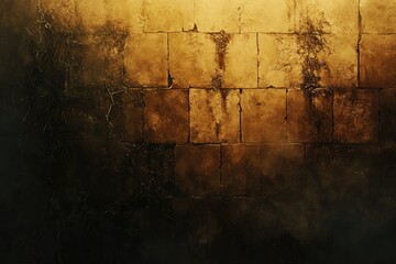 Poster - A textured wall of aged stone bricks with dark shadows and golden highlights, weathered with a sense of decay.