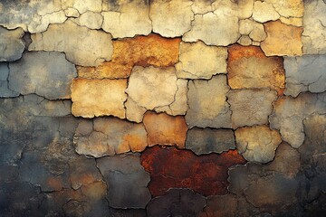 Aufkleber - A textured, aged wall with cracked plaster and varying shades of gray, brown, and ochre creating an abstract pattern.