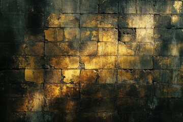 Aufkleber - Distressed brick wall with a golden hue, darkened by shadow and age, showing signs of weathering and texture variations.