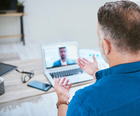Aufkleber - Home, business man and video call on laptop for meeting, corporate deal and negotiation with client. Screen, remote work and mature person by back for networking, communication and planning in house