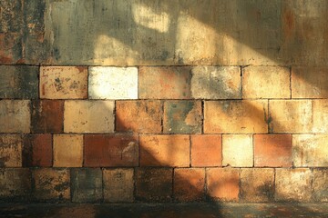 Aufkleber - Sunlight washes over a textured brick wall, casting shadows that highlight the brick's varied colors and worn surfaces.