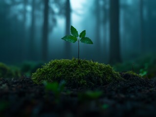 Poster - Young plant emerges from moss in a foggy forest during early morning hours