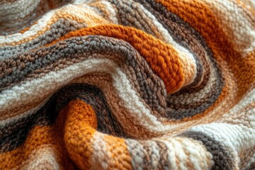 Poster - A close-up of a cozy, knitted blanket with a swirling pattern in warm shades of orange, brown, and white.
