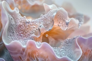 Poster - A close-up of delicate, translucent, and wavy structures covered in tiny water droplets, creating a unique abstract visual.
