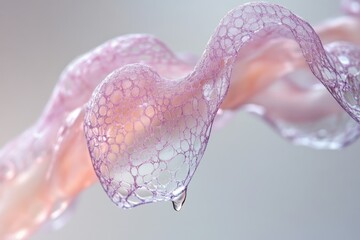 Leinwandbilder - Delicate, wavy, pink-toned fabric with a honeycomb pattern and a water droplet suspended, shot with soft, diffused lighting.