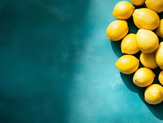 Aufkleber - Fresh lemons arranged on a vibrant teal surface showcasing their bright yellow hue and natural texture
