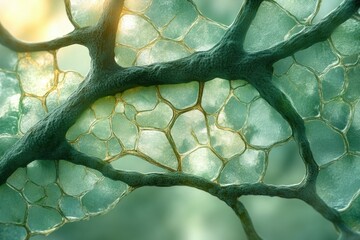 Leinwandbilder - A close-up shot of a branching, vein-like structure against a translucent, cellular-like background, illuminated by a soft, golden light source.