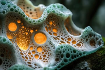 Leinwandbilder - Intricate white and turquoise organic structure with golden interior, resembling a sponge or coral formation, illuminated with soft light.