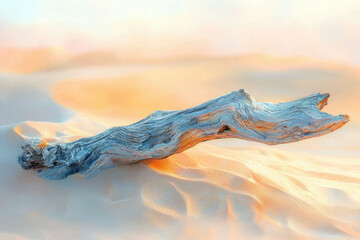 Poster - Weathered driftwood rests on sunlit sand dunes, a serene coastal scene.