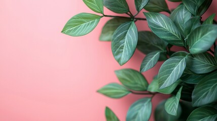 Aufkleber - Lush green leaves gracefully reach out from the edge, set against a soft pink background that enhances the beauty of nature in a contemporary setting, perfect for interior design