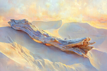 Poster - Weathered driftwood rests on sun-kissed sand dunes, a serene coastal scene.