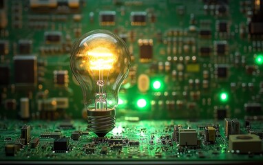Aufkleber - Light bulb glowing brightly, set against a complex electronic circuit background, representing technological advancement and creativity