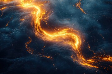Aufkleber - Fiery river flows through the darkness, illuminating the undulating landscape with its ethereal golden glow.