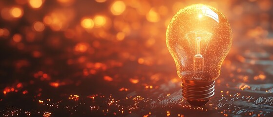 Poster - Glowing light bulb with an electronic circuit background, radiating energy and ideas, representing innovation and digital advancement