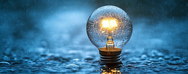 Aufkleber - glowing light bulb with water droplets reflecting light, set against a dark backdrop, creating a sle