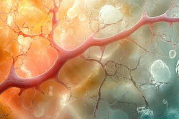 Aufkleber - Microscopic view showing intricate blood vessels branching through tissues with orange, green, and white hues in abstract form.