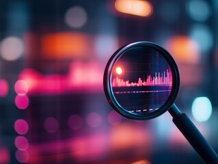 Leinwandbilder - Magnifying glass reveals colorful data visualization in a modern technological environment at sunset