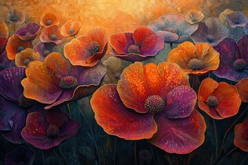 Aufkleber - A vibrant collection of orange, red, and purple flowers bask in a golden, atmospheric light, creating a painterly floral scene.