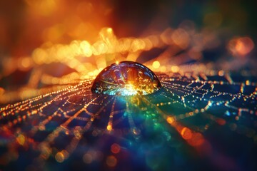 Poster - A luminous water drop reflects a vibrant cityscape, resting on a dew-kissed spiderweb.