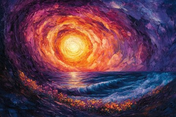 Poster - Impressionistic painting showing a vibrant, swirling sky above a calm ocean with wildflowers on the shore during a colorful sunset.