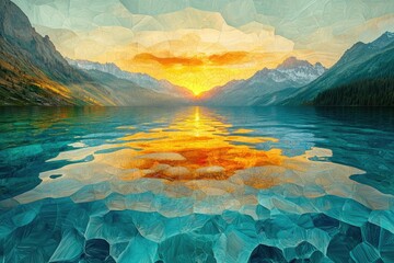 Aufkleber - A vibrant sunset casts golden light on a serene lake surrounded by majestic mountains, in a polygonal style.