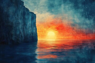 Poster - A serene ocean scene features a majestic cliff bathed in the warm glow of the sunset.