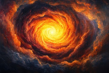 Aufkleber - A swirling vortex of fiery orange and yellow energy is surrounded by dark, turbulent clouds in an abstract, dramatic scene.