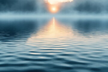 Poster - A serene lake reflects the sunrise through the morning mist, creating a peaceful and calming nature scene.